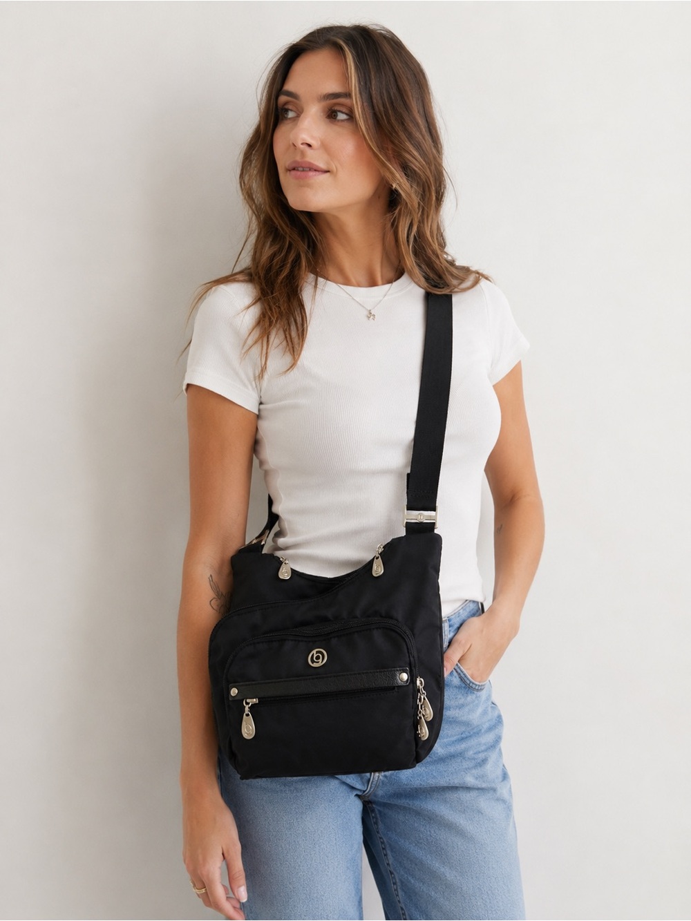 Baggallini Charlotte RFID Crossbody Bag Black Nylon Travel Organizer Purse